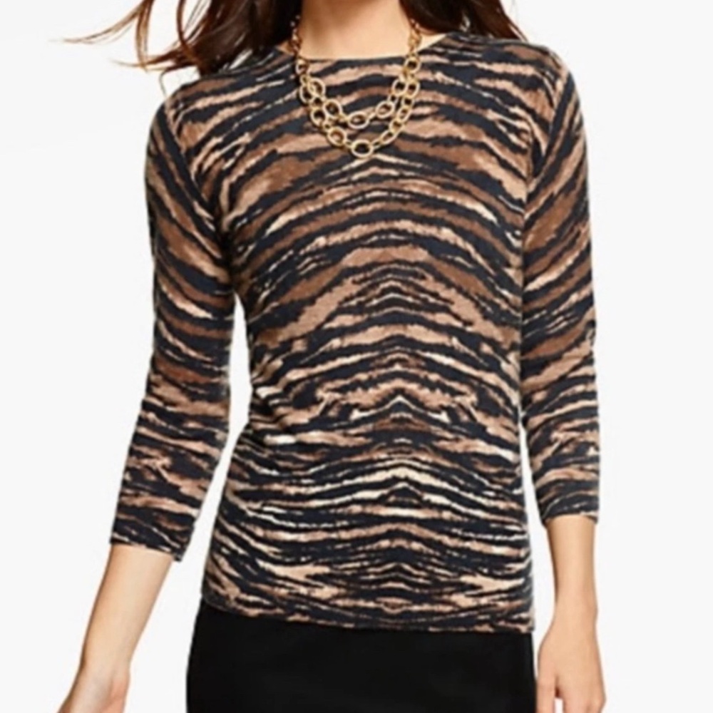 Talbots Pure Cashmere Audrey Tiger Stripe Animal Print Sweater Size Small NWT